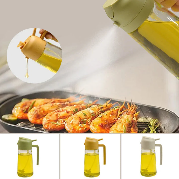 Controlled oil spray & pour dispenser. Glass bottle for healthy cooking, baking, grilling. Kitchen essential.