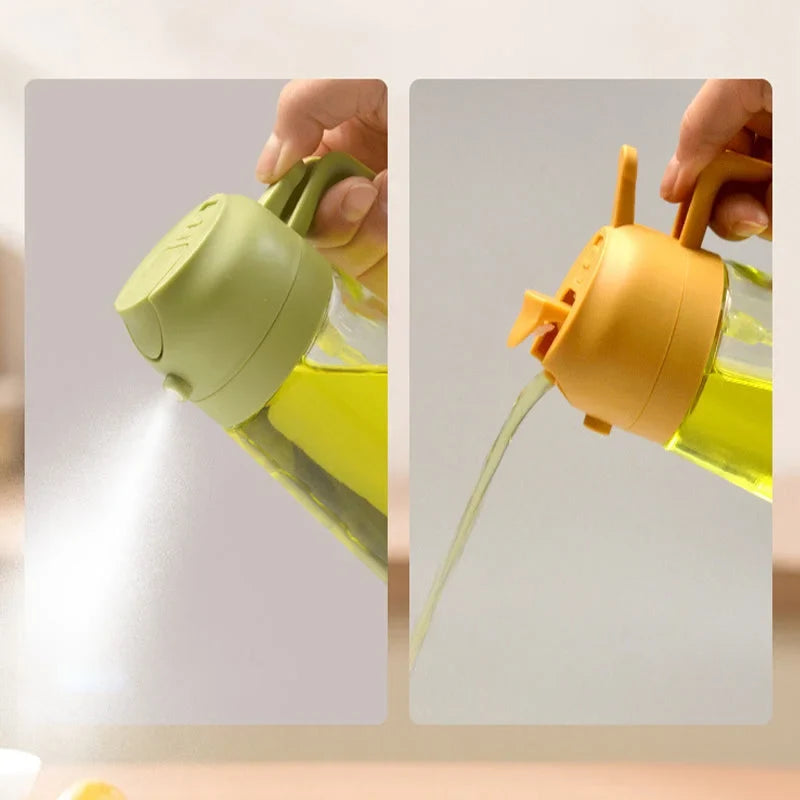 Glass oil sprayer & dispenser bottle. Kitchen gadget for controlled oil mist and pouring. Food prep tool.