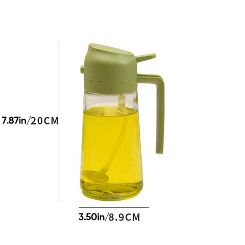 Sleek glass 2-in-1 oil sprayer & dispenser. Perfect kitchen tool for healthy cooking, pouring, and misting oil.