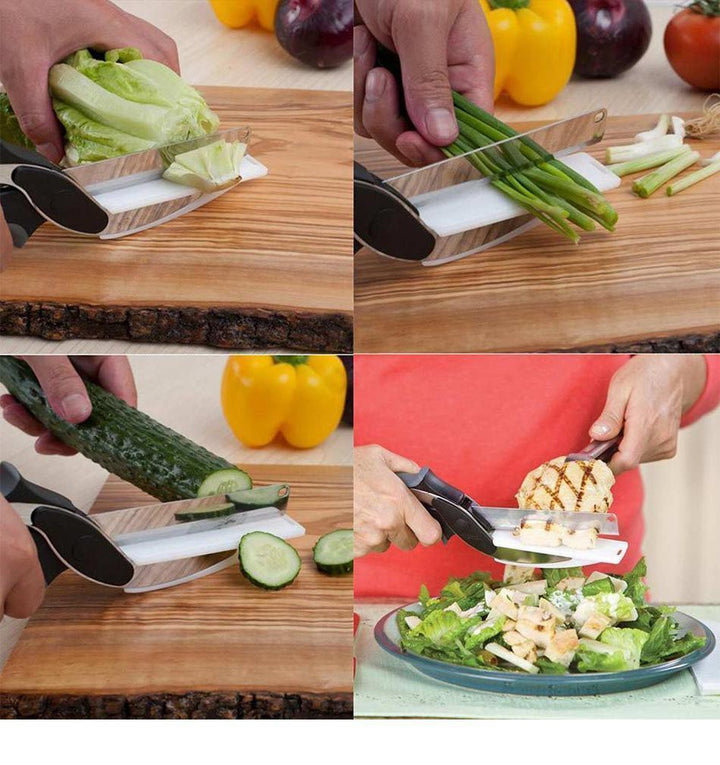 Close-up of the stainless steel blade of the 2-in-1 kitchen cutter, ideal for precise vegetable slicing & chopping.