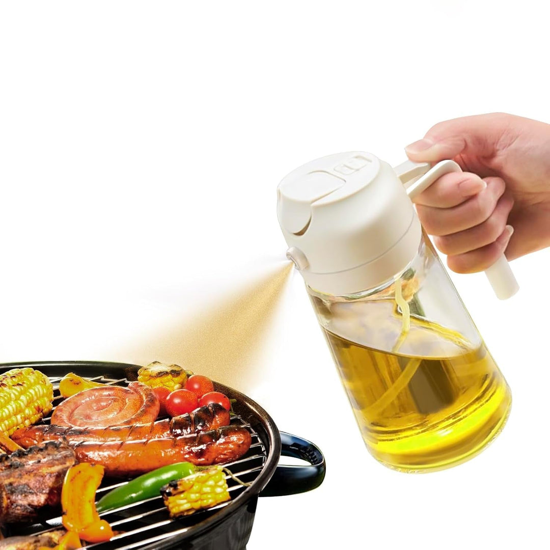 2-in-1 olive oil spray dispenser for healthy cooking & baking, clear glass bottle with pump