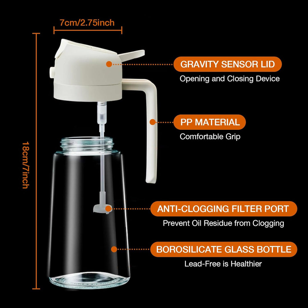 Clear glass olive oil spray bottle for healthy eating, a must-have kitchen accessory