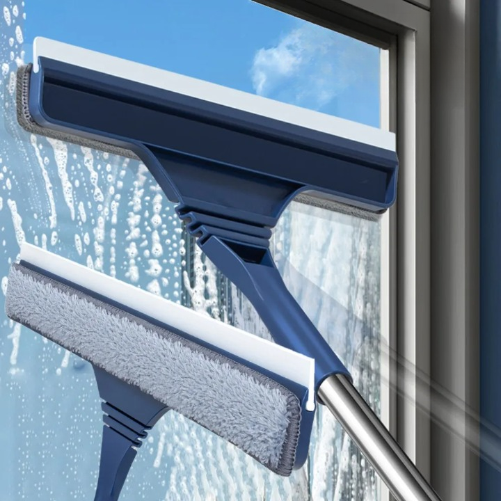 2-in-1 telescopic window cleaning squeegee for glass and mesh, extended view, home cleaning tool