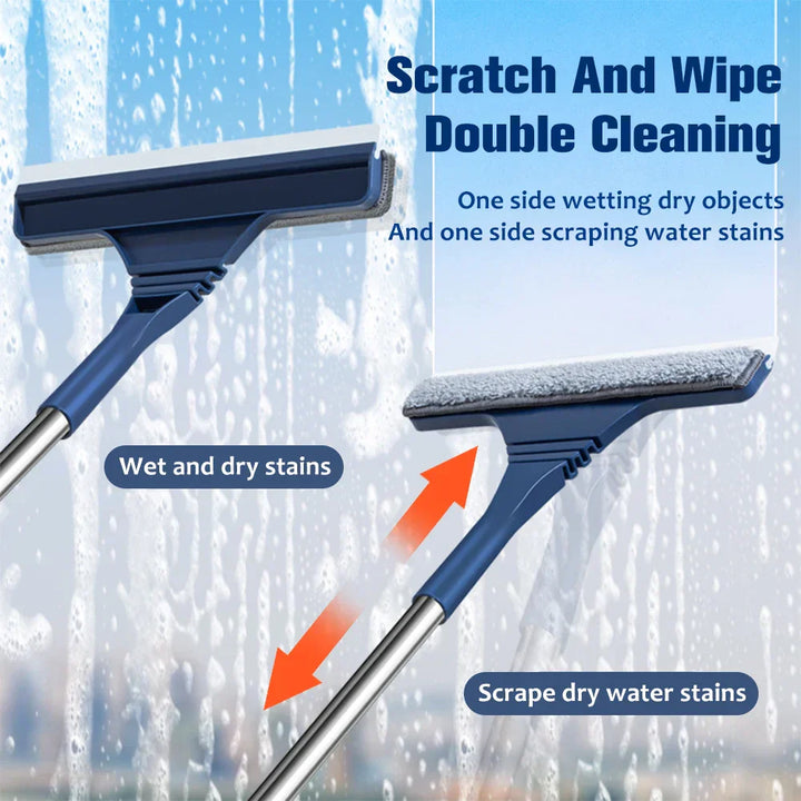 Close-up of the 2-in-1 squeegee head with microfiber and rubber blade for window cleaning