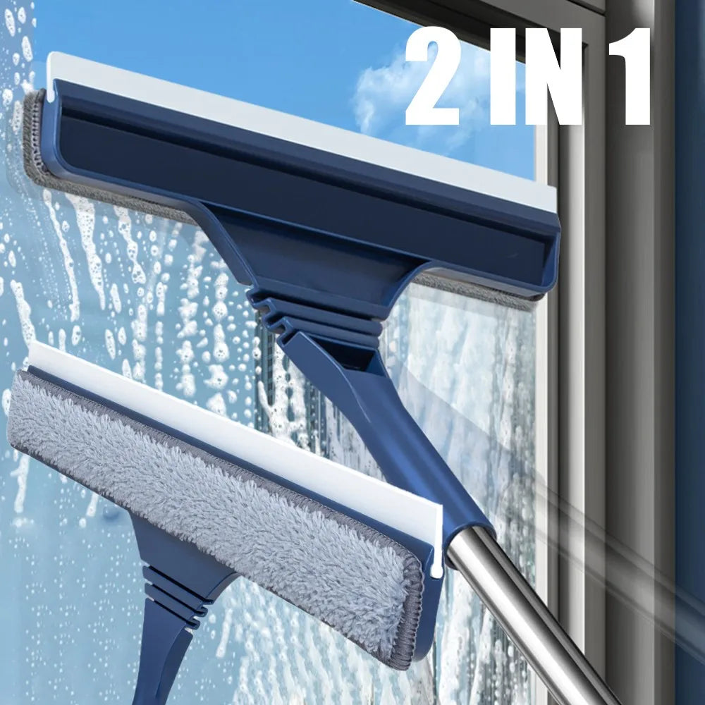 Person using a telescopic 2-in-1 window cleaner on an exterior window, home cleaning