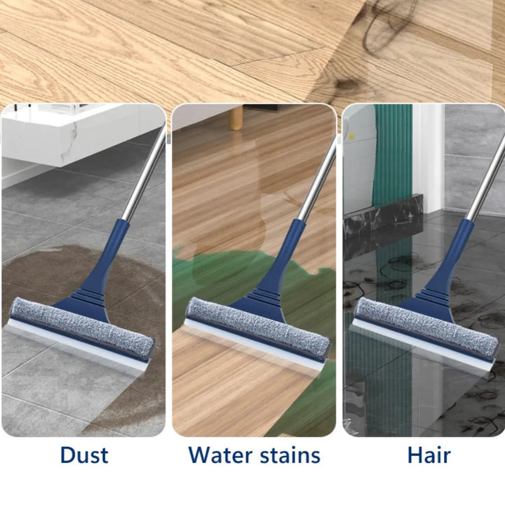 Extendable telescopic handle of the window squeegee, demonstrating full reach for high windows