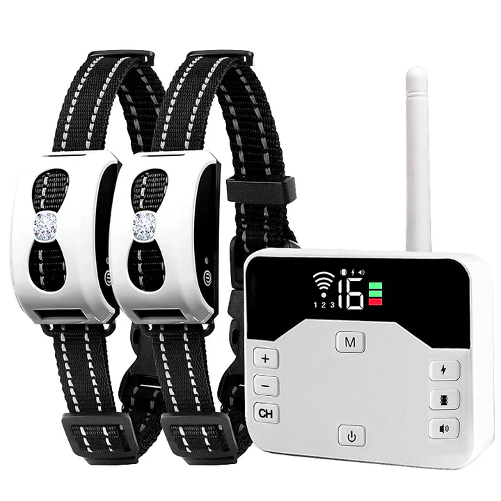 Waterproof, rechargeable wireless dog training collar for pet containment & outdoor training.