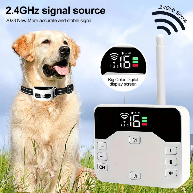 Complete 2-in-1 wireless dog fence & training system with multiple waterproof collars for pet safety.