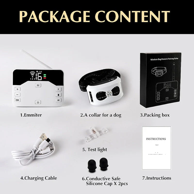 Wireless outdoor dog fence & training collar offers pet freedom with safe containment & behavior control.