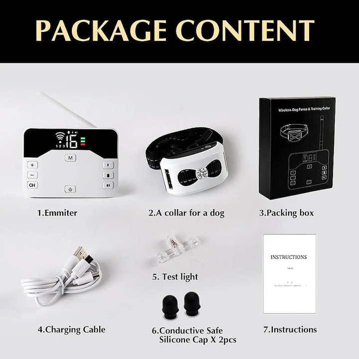 Wireless outdoor dog fence & training collar offers pet freedom with safe containment & behavior control.
