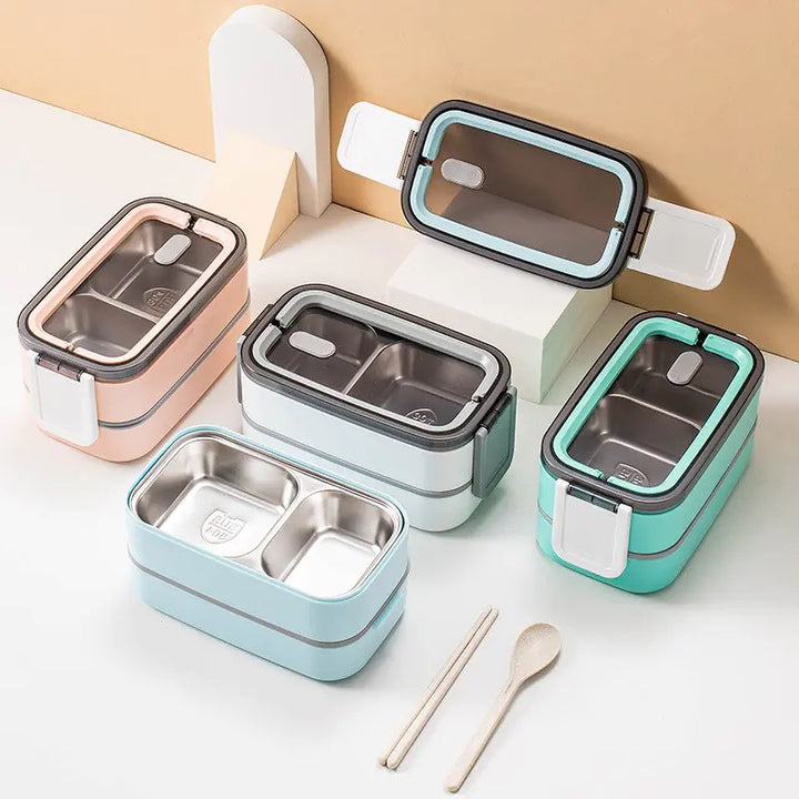 Portable 2-layer stainless steel food container, perfect for work or school lunch.