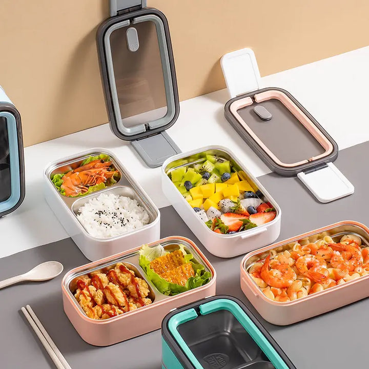 Eco-friendly 2-layer stainless steel bento box, ideal for waste-free meal prep.