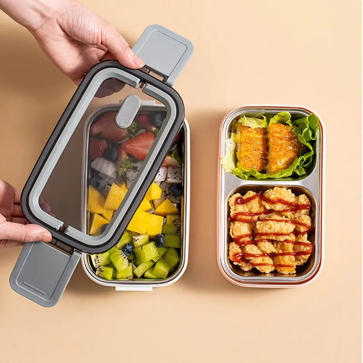 MealMate 2-layer stainless steel food container for organized, separate meal portions.