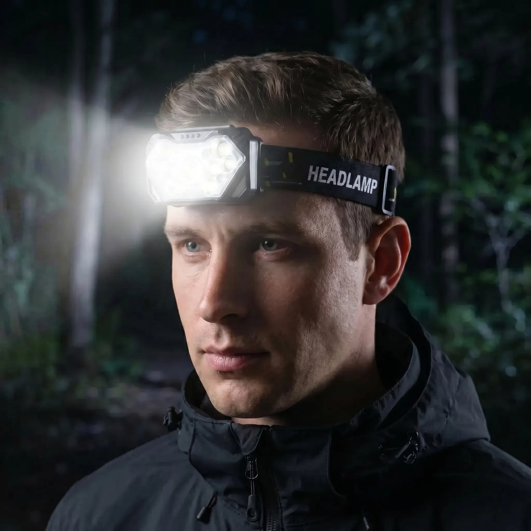 2-pack of hands-free 9-LED rechargeable headlamps, ideal for camping, fishing, and outdoor work tasks.