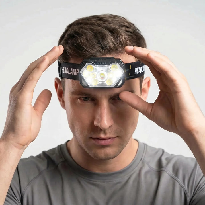 Bright 9-LED rechargeable headlamp with motion sensor, perfect for hands-free outdoor tasks & emergency use.