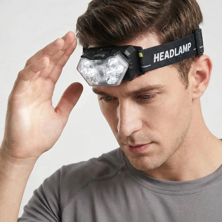 Powerful 9-LED hands-free headlamp (2-pack), rechargeable for outdoor adventures, fishing, and emergencies.