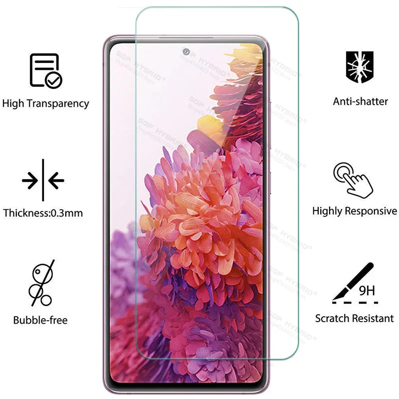 Samsung Galaxy tempered glass screen protector 2-pack with 9H hardness, anti-scratch, and easy, bubble-free installation.