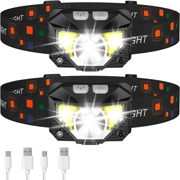 2-pack ultra-bright LED headlamps with motion sensor, rechargeable for outdoor camping and hiking