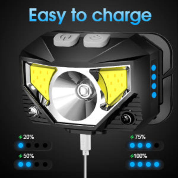 Ergonomic rechargeable LED headlamp, displaying powerful beam for dark trails and emergency lighting