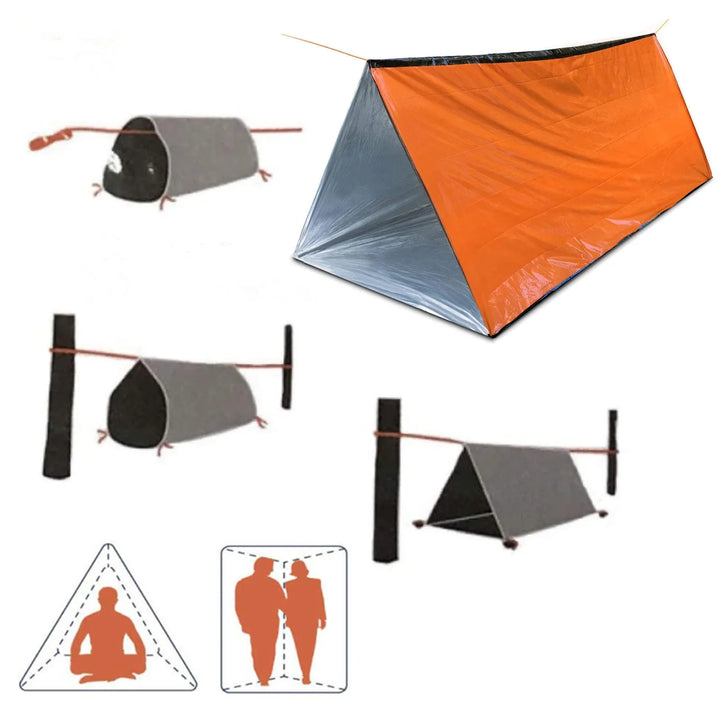 Lightweight StormShield 2-person emergency survival tent. Portable outdoor shelter for camping, emergencies & adverse weather.