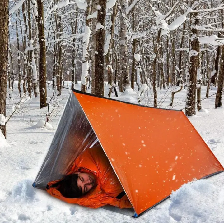 2-person emergency survival tent shelter, lightweight DualGuard mylar for camping, hiking & disaster preparedness.
