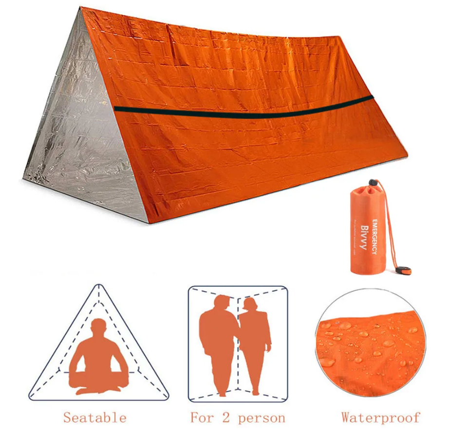 Durable mylar 2-person emergency survival tent, DualGuard for outdoor camping, hiking, and disaster shelter.