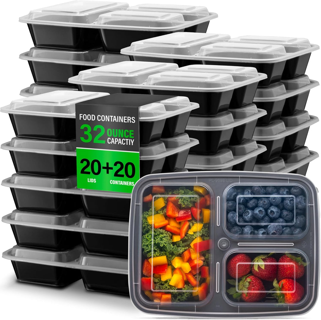 20-pack reusable 3-compartment meal prep containers for healthy portion control, food storage & lunch.