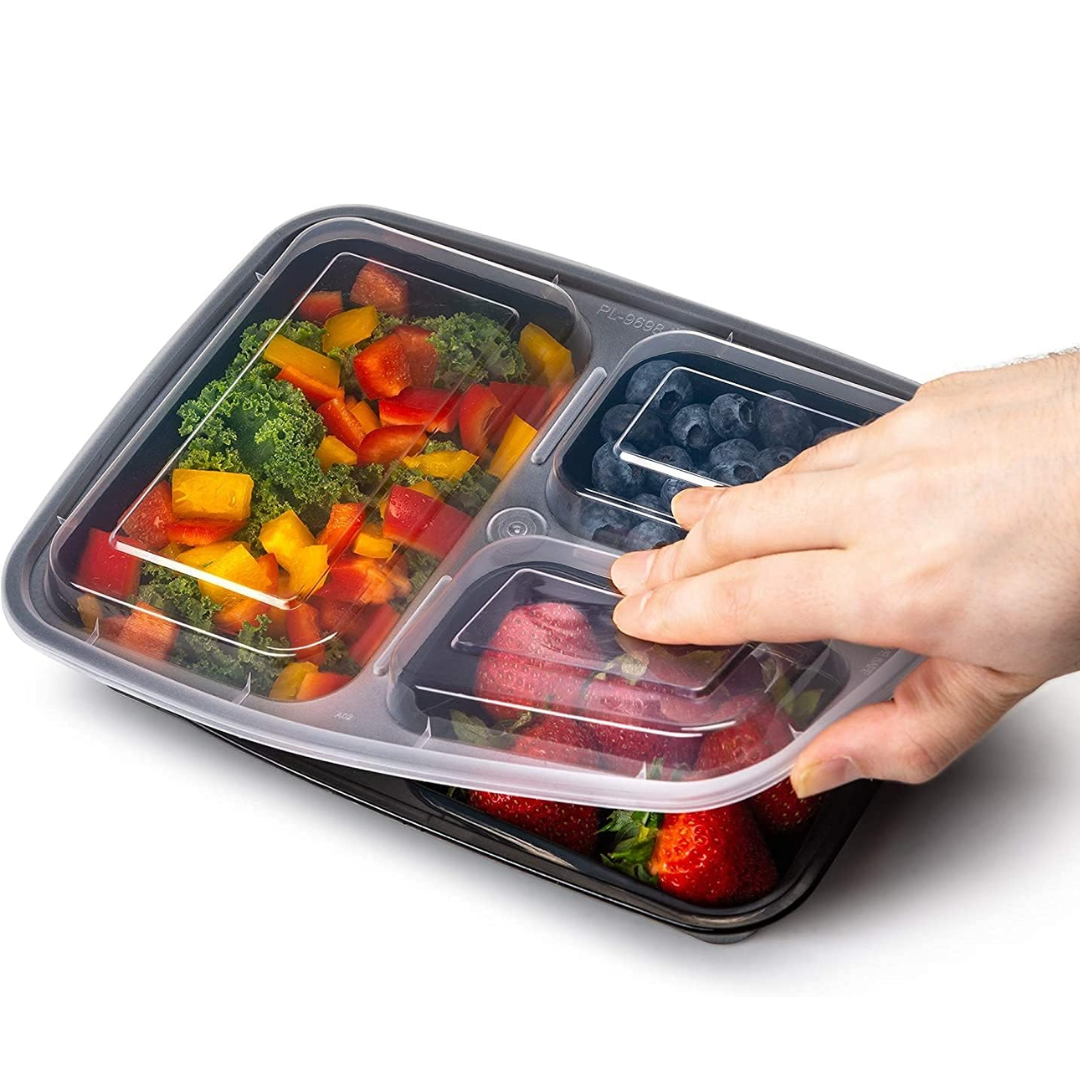 Stackable 3-compartment bento boxes, microwave & freezer safe. Ideal for meal prep & organized food storage.