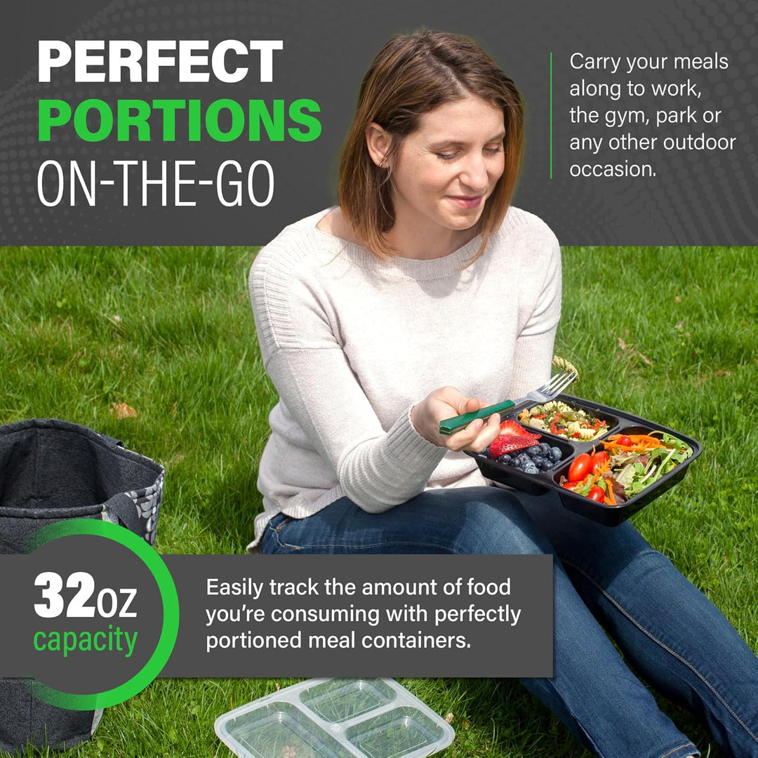 Reusable lunch containers for healthy eating & portion control. 20-pack 3-compartment food prep solution.