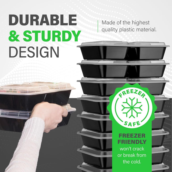 Durable 3-compartment plastic meal prep containers (20-pack) for freezing, microwaving & portion control.