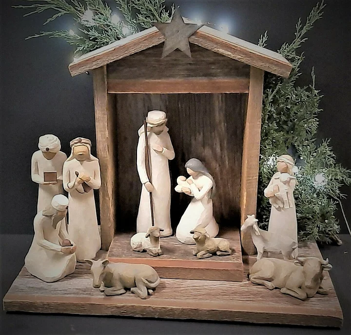 Complete 20-piece Christmas Nativity Collection for festive holiday home decor. Features Holy Family & stable.