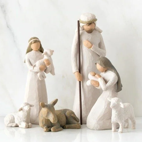 Detailed 20-piece barn wood Nativity creche set, perfect religious Christmas gift & seasonal home decor.