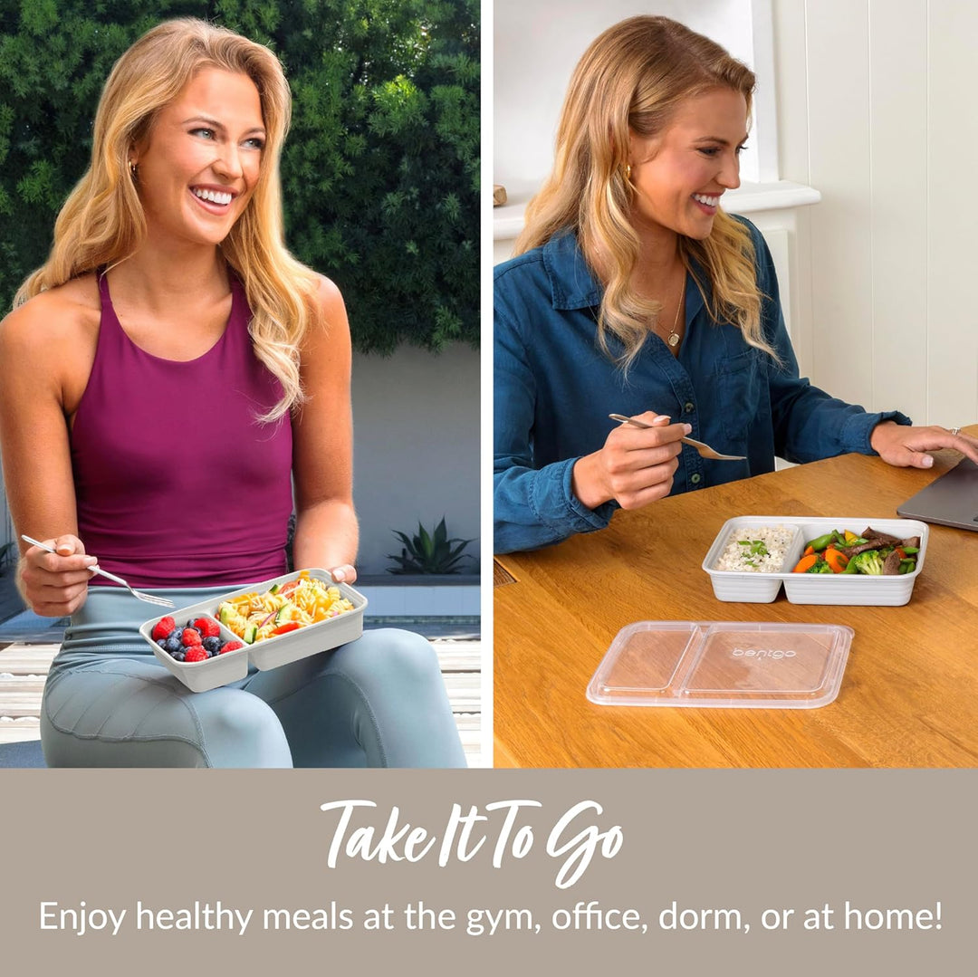 Enjoy fresh meals on-the-go with 20 reusable 2-compartment lunch containers, freezer & microwave safe.