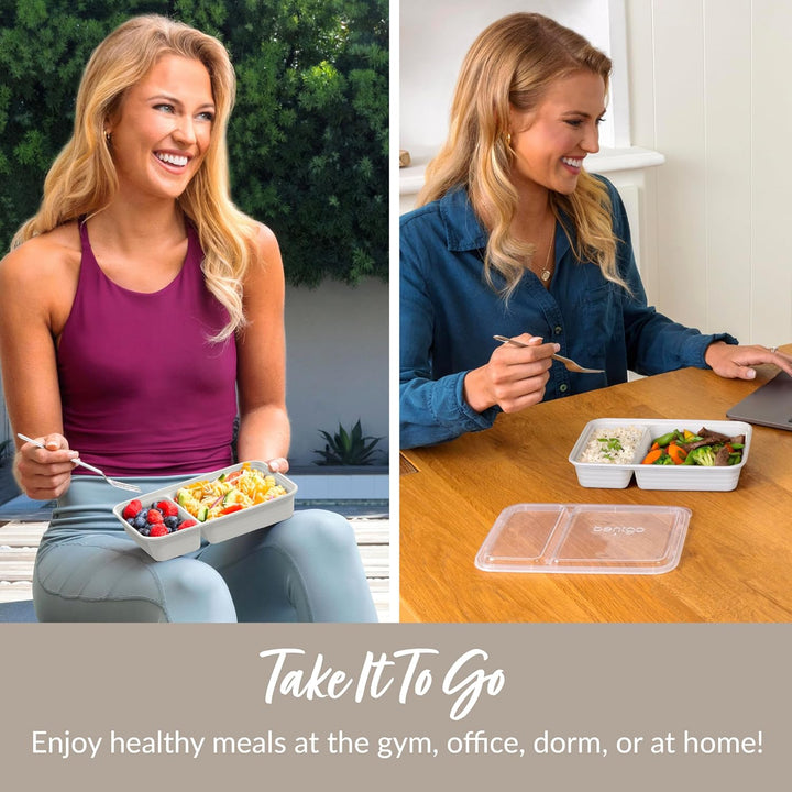 Enjoy fresh meals on-the-go with 20 reusable 2-compartment lunch containers, freezer & microwave safe.