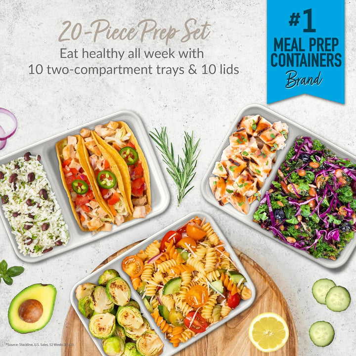 Efficient 2-compartment food containers, a 20-piece set for smart meal prep and healthy portions.