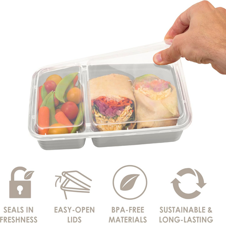 Versatile 2-compartment reusable containers, perfect for storing leftovers or packing lunches.