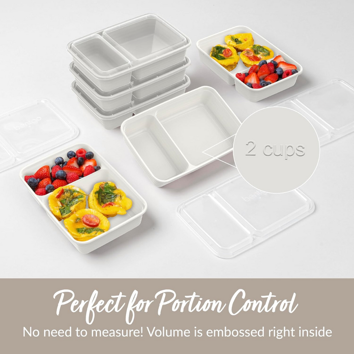 Stackable 20-piece set of 2-compartment meal prep containers for organized food planning.