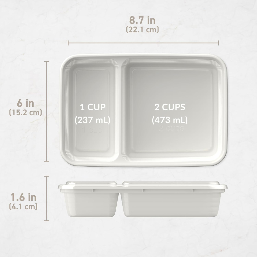 Securely sealed 2-compartment reusable food containers for leak-proof meal prep and storage.