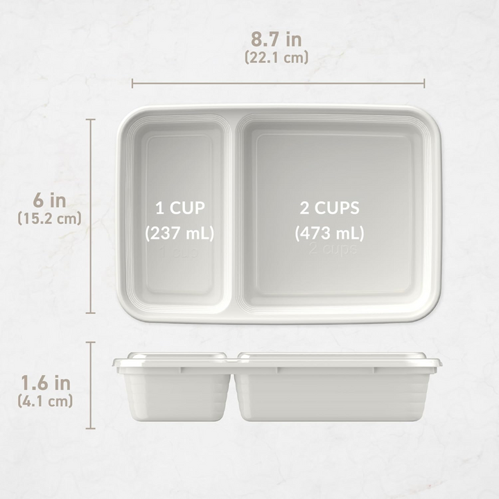 Securely sealed 2-compartment reusable food containers for leak-proof meal prep and storage.