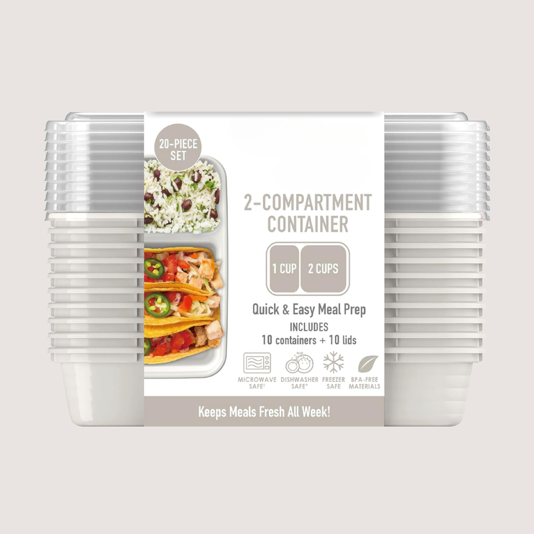 Essential kitchenware: 20 reusable 2-compartment food containers, BPA-free for healthy eating.