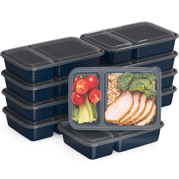 Reusable 2-compartment food containers with secure lids for convenient meal prep and leftover storage.