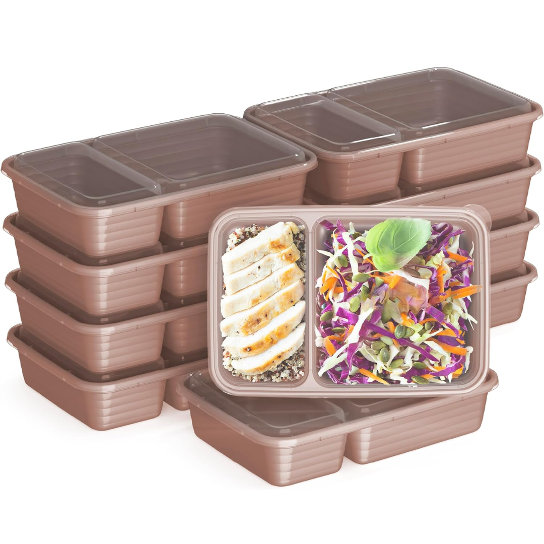 2-compartment meal prep containers, a 20-piece set, ideal for lunches, freezer & microwave use.