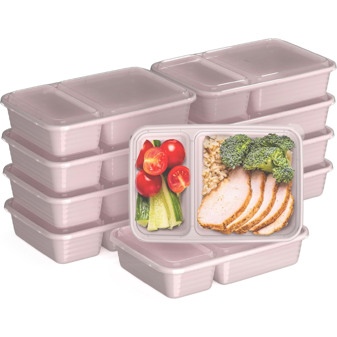 Bulk pack of 20 reusable 2-compartment food storage containers, great for families & meal prepping.