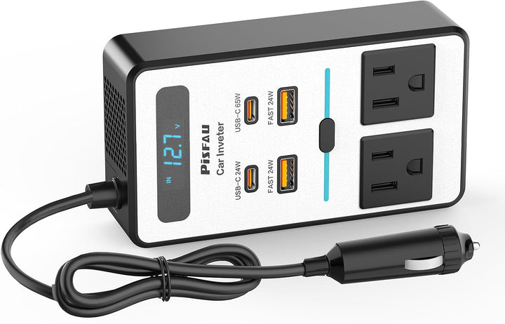 Detail view of a 200W car power inverter's fast charging ports and universal AC outlet
