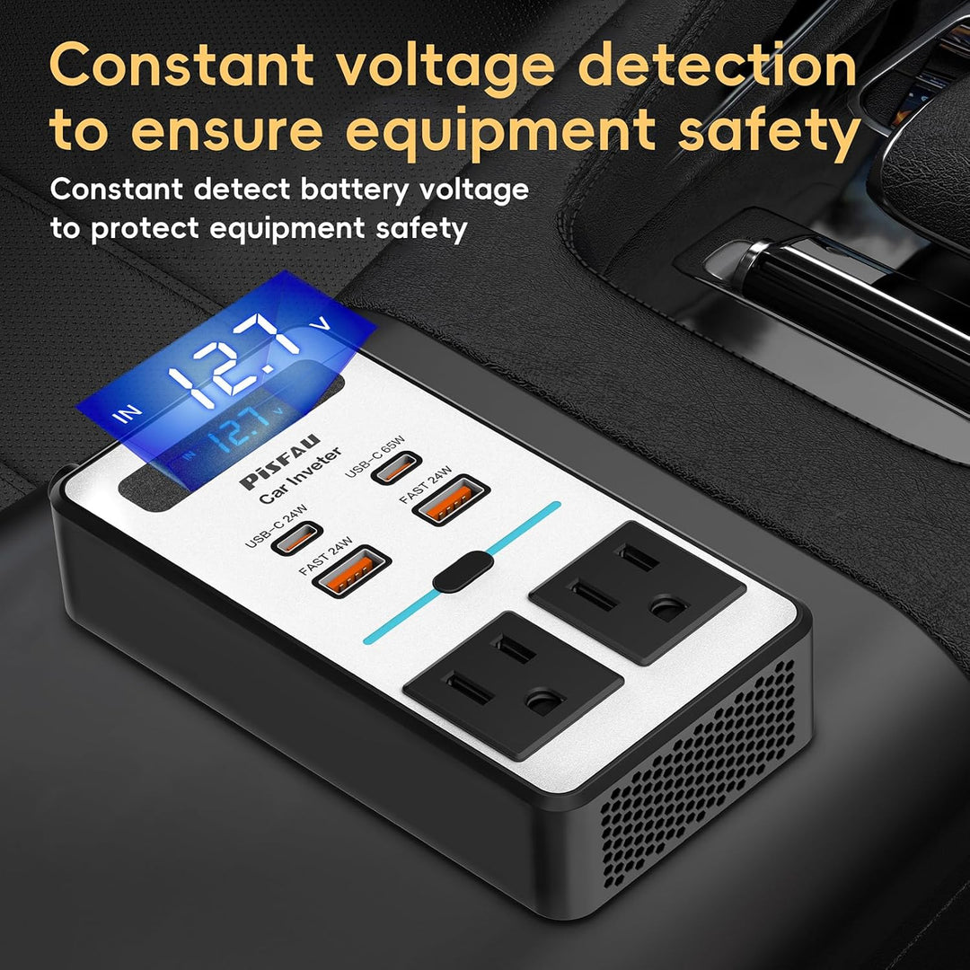 Universal car power inverter, 200W, DC 12V to 220V AC with USB-C and USB-A fast charging ports for travel.
