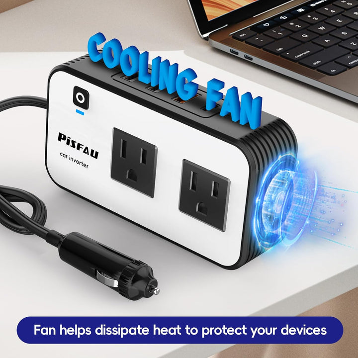 Side view of 200W car power converter showing USB-C and USB fast charger ports, ideal for auto electronics.