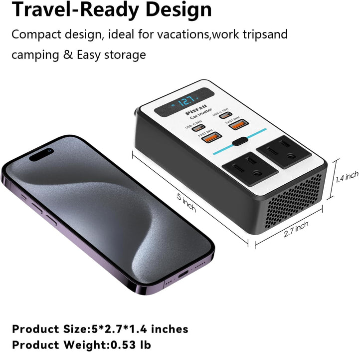 Portable 200W car inverter with smart cooling fan, DC 12V to 220V AC, essential travel accessory.