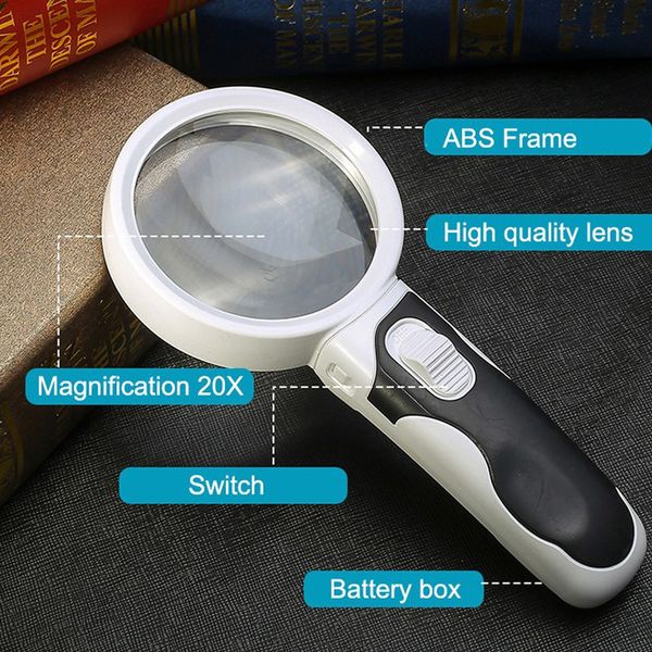 Improve clear vision with 20X LED magnifying glass, great for fine print, hobbies, & low vision.