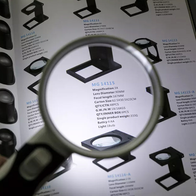 Portable 20X LED magnifying glass, essential optical tool for reading & detail work anywhere.