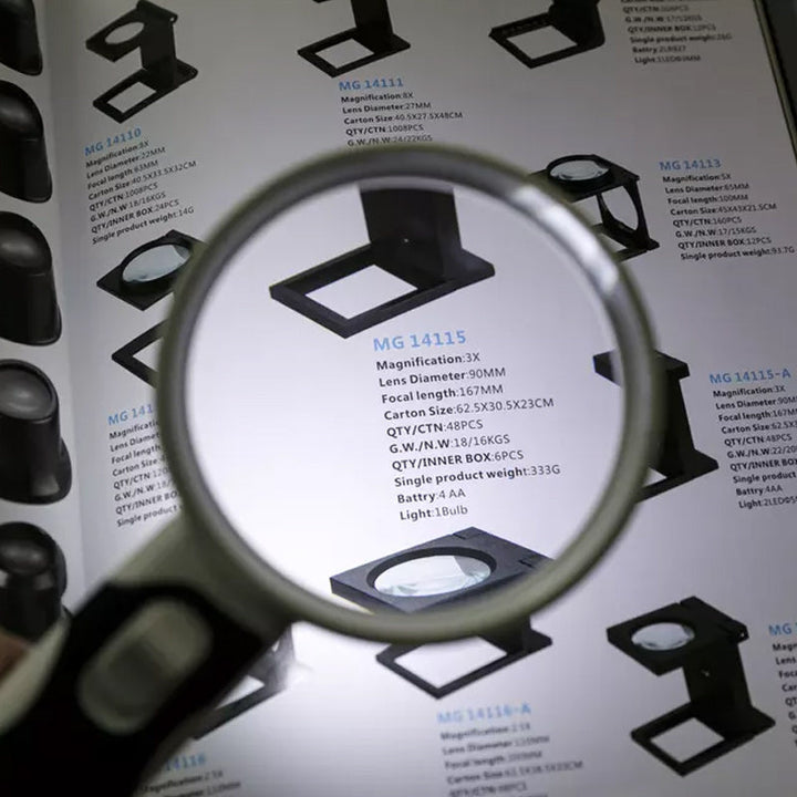 Portable 20X LED magnifying glass, essential optical tool for reading & detail work anywhere.